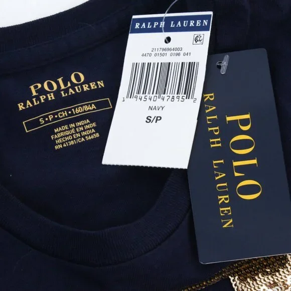NWT Polo Ralph Lauren Gold Sequin POLO Logo Womens Navy Cotton T-Shirt, Small - Picture 6 of 10